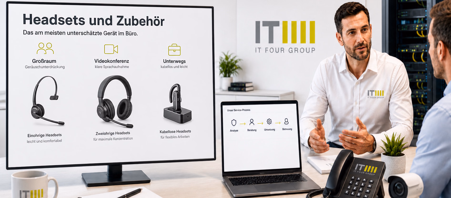 Bildschirm mit drei Headsets und einem Konferenzlautsprecher nebeneinander