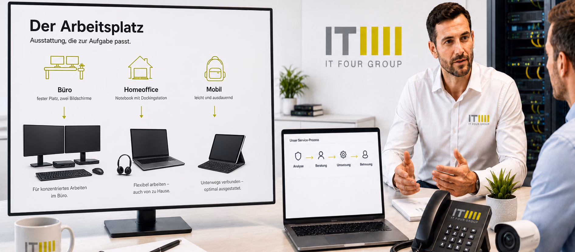 Bildschirm mit drei Arbeitsplatz-Varianten: Doppelmonitor, Notebook mit Headset und Tablet mit Tastatur