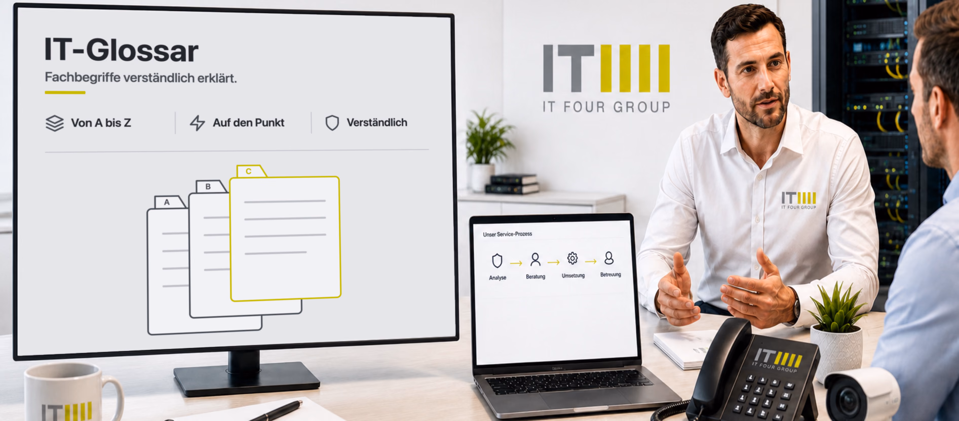Bildschirm zeigt die Überschrift IT-Glossar und drei gestaffelte Registerkarten A, B und C mit Textzeilen