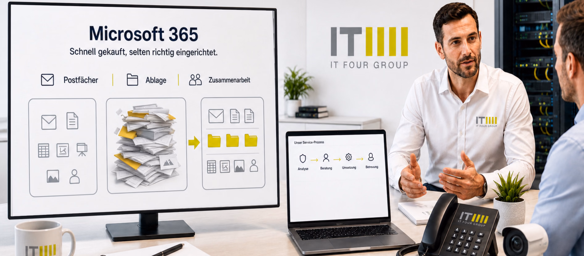 Bildschirm mit drei Bereichen für Postfach, Ablage und Zusammenarbeit samt Ordnungsregeln