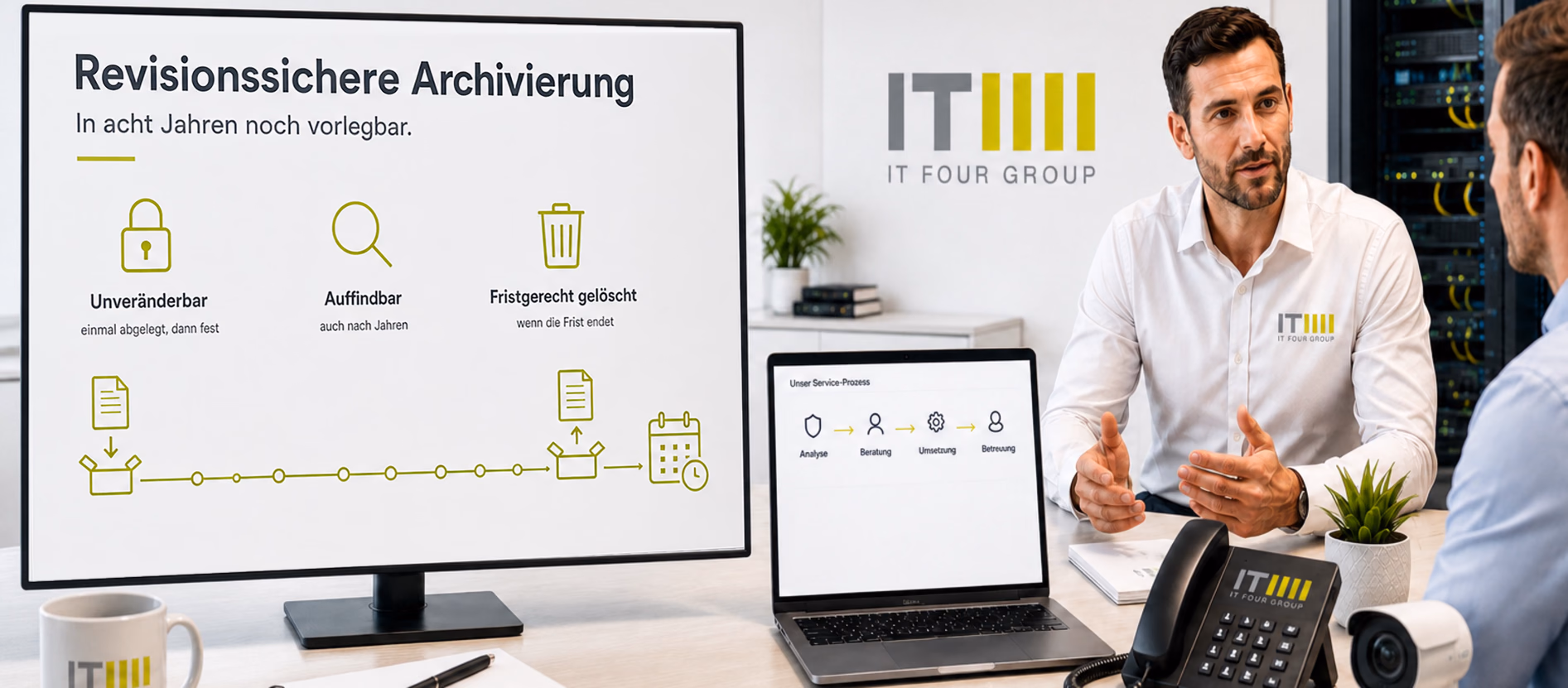 Bildschirm mit einer Zeitleiste, auf der ein Beleg archiviert und nach Ablauf der Frist gelöscht wird