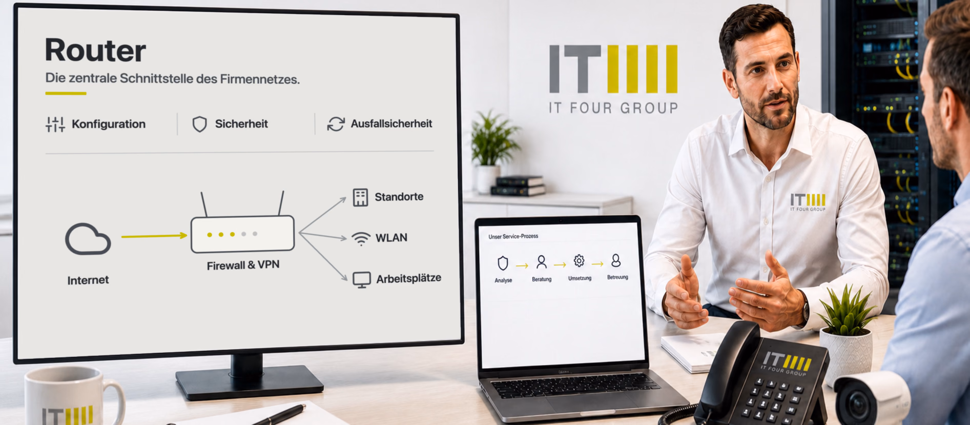 Bildschirm zeigt einen Router zwischen Internet und Firmennetz, verbunden mit Standorten, WLAN und Arbeitsplätzen