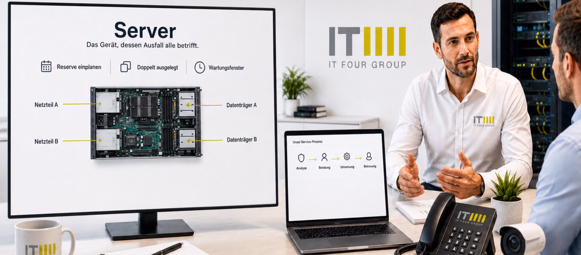 Bildschirm mit einem Serverschema, in dem Netzteil und Datenträger doppelt ausgelegt sind