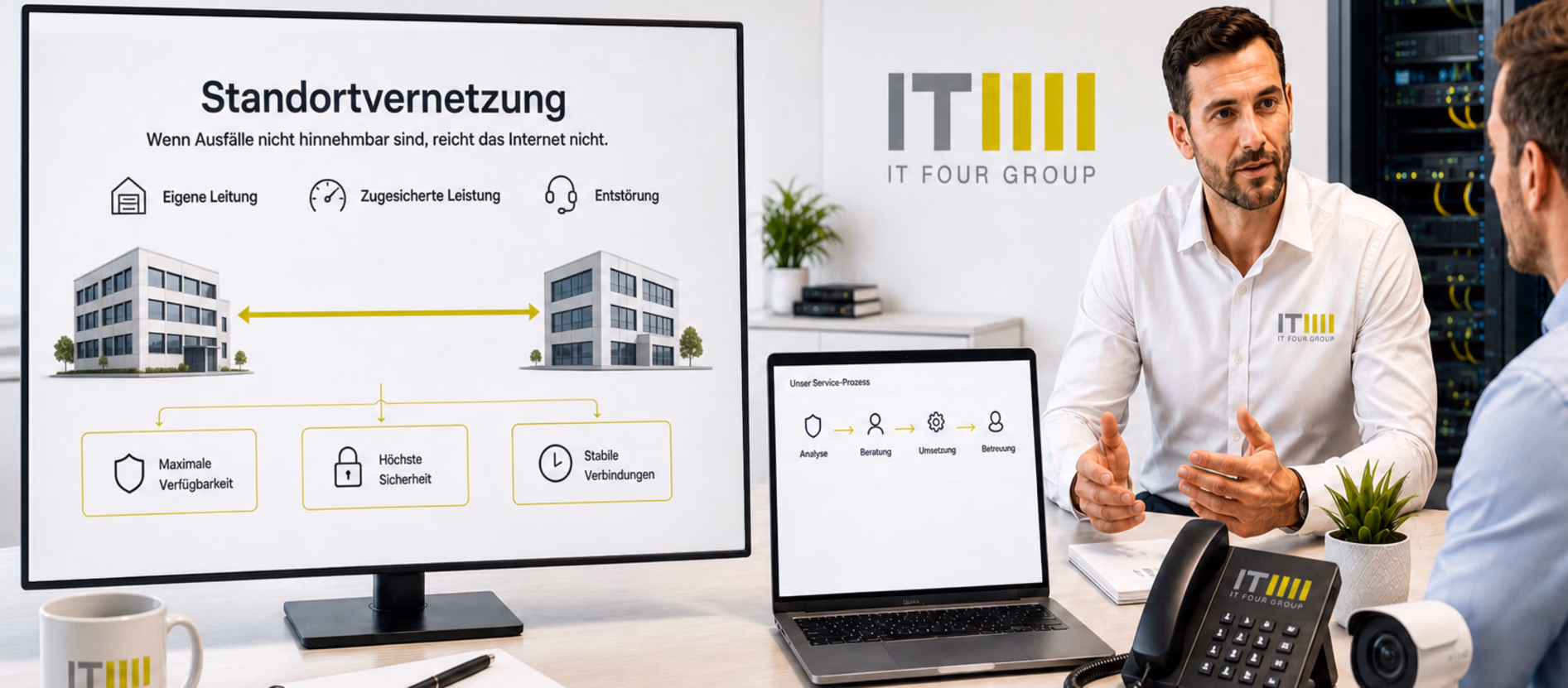 Bildschirm mit einer eigenen Leitung zwischen zwei Standorten und einer Zusicherungszeile darunter
