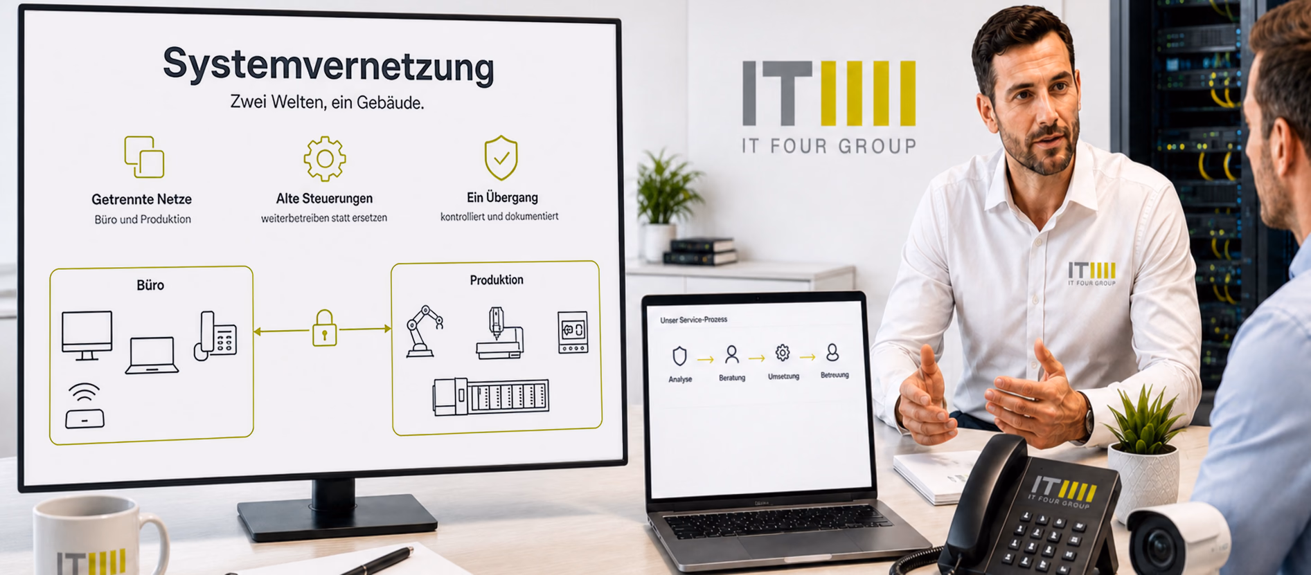 Bildschirm zeigt getrennte Netze für Büro und Produktion mit einem einzigen gesicherten Übergang