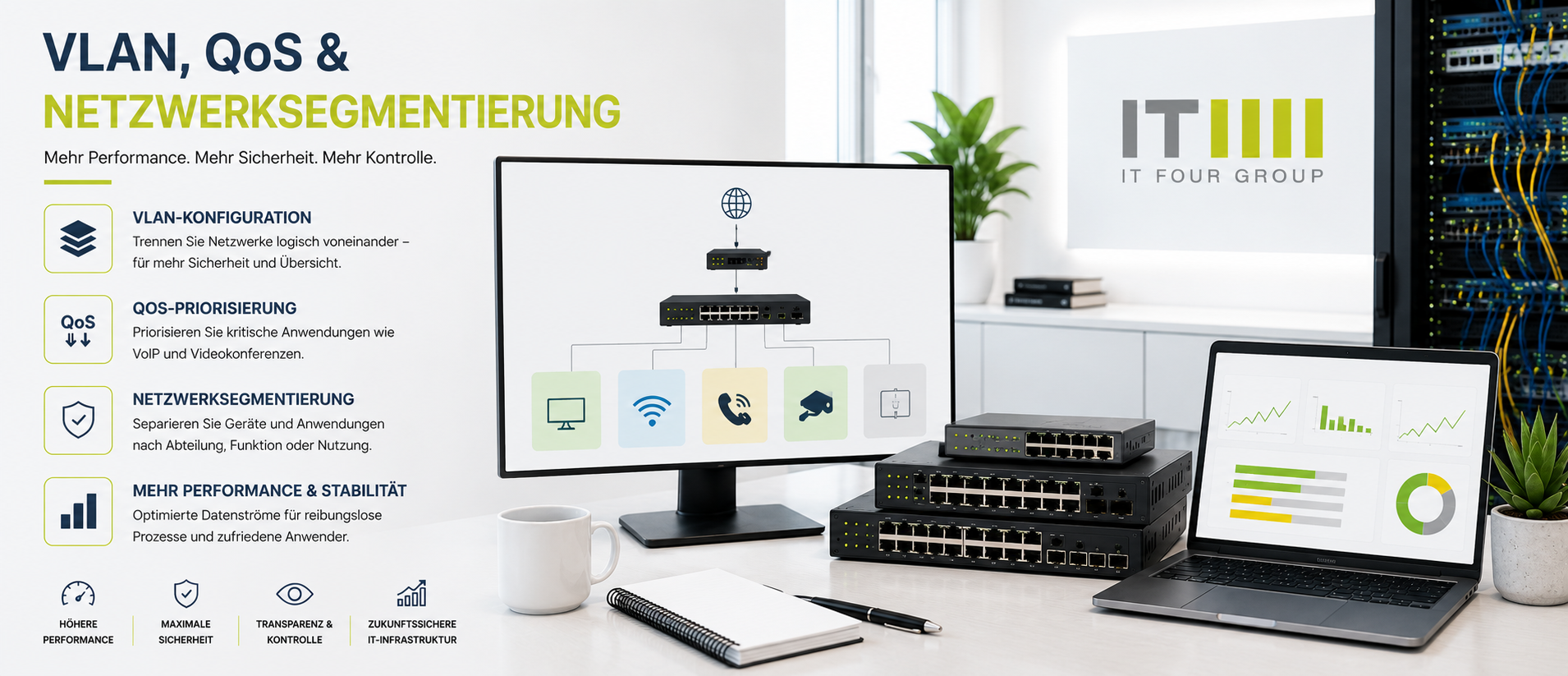 IT-Systemhaus | VPN-Netzwerktechnik für eine sichere Datenübertragung | Rosenheim - Traunstein - Wasserburg - München Infografik zu VLAN-Konfiguration, QoS-Priorisierung und Netzwerksegmentierung mit Arbeitsplatz, Switches und Serverschrank