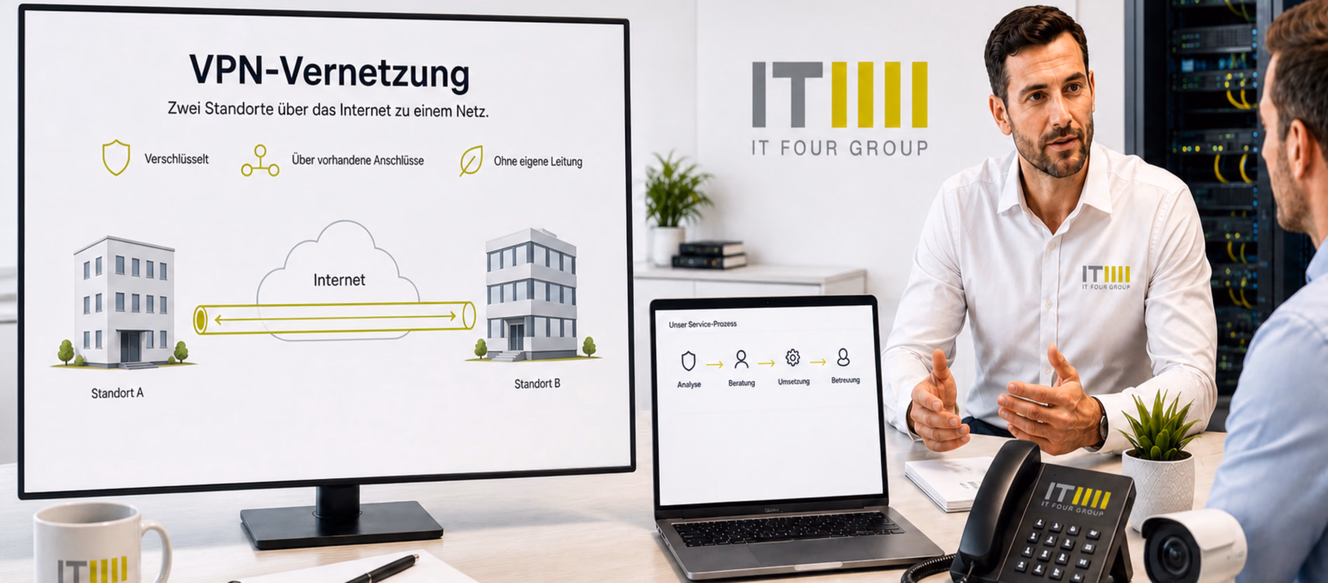 Bildschirm mit zwei Standorten, die über einen abgeschirmten Kanal durch das Internet verbunden sind